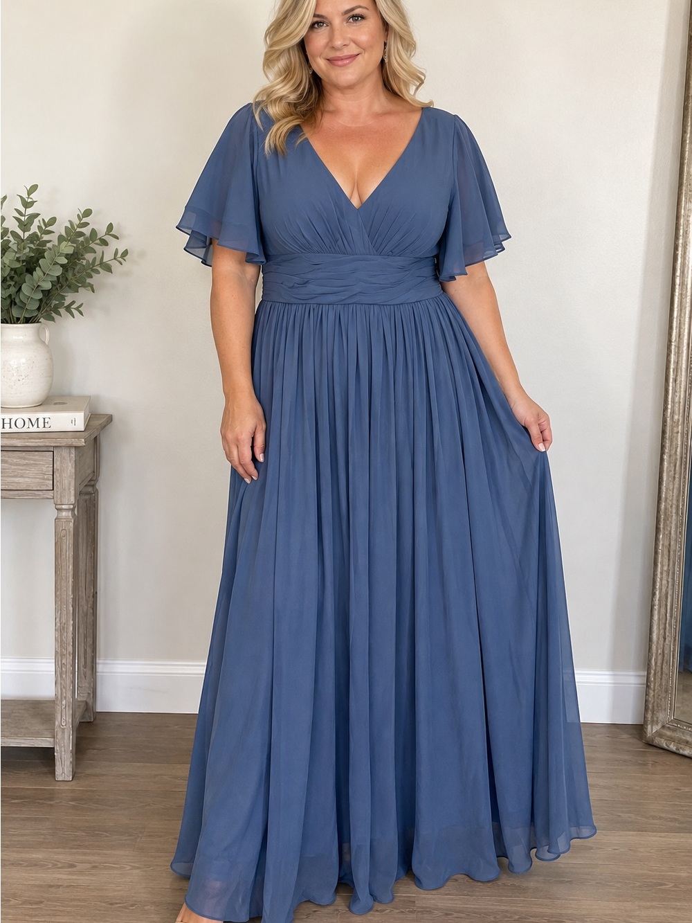 JJs House Dusty Blue V-Neck Flutter Sleeve Maxi Gown